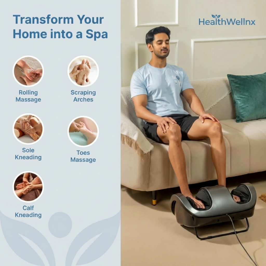 HealthWellnx Electric Foot & Calf Massager – Deep Tissue Shiatsu, Kneading & Vibration Massage with 4 Auto Modes & Adjustable Intensity for Relaxation & Muscle Recovery