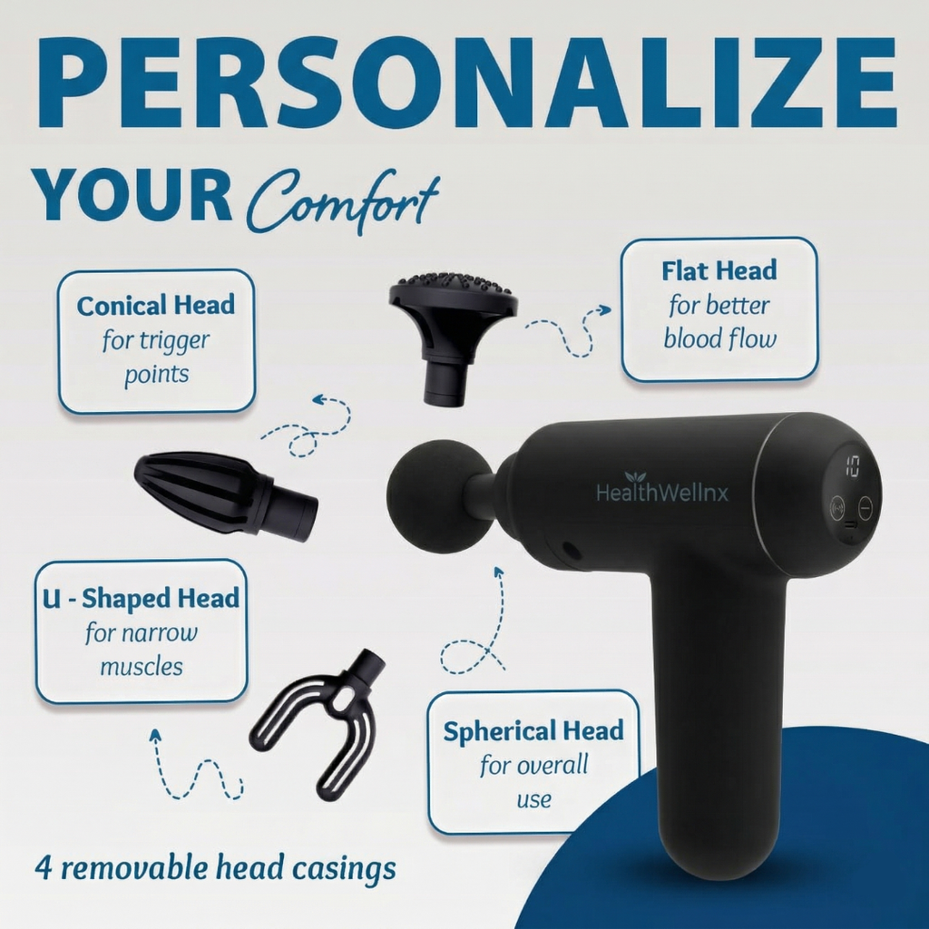 HealthWellnx Deep Tissue Massage Gun – Powerful 24W Percussion Body Massager with 6 Speed Levels, 4 Massage Heads & Cordless Rechargeable Design for Muscle Relaxation & Recovery