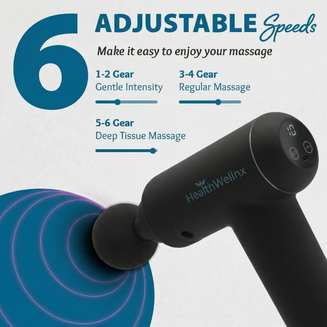 HealthWellnx Deep Tissue Massage Gun – Powerful 24W Percussion Body Massager with 6 Speed Levels, 4 Massage Heads & Cordless Rechargeable Design for Muscle Relaxation & Recovery