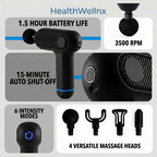 HealthWellnx Mini Deep Tissue Massage Gun – Portable Percussion Body Massager with 5 Speed Levels, 4 Massage Heads & Type-C Charging for Muscle Relaxation & Recovery